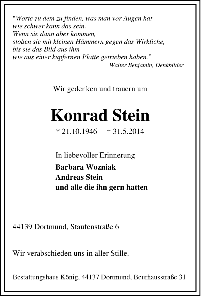  Traueranzeige für Konrad Stein vom 07.06.2014 aus Tageszeitung