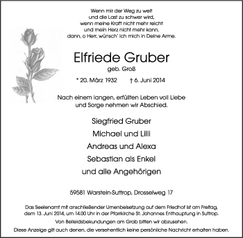 Traueranzeige von Elfriede Gruber von Tageszeitung