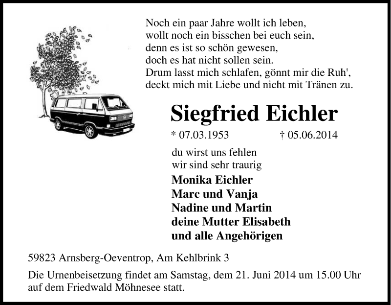  Traueranzeige für Siegfried Eichler vom 07.06.2014 aus Tageszeitung