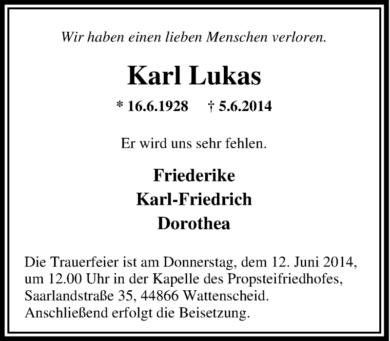  Traueranzeige für Karl Lukas vom 10.06.2014 aus Tageszeitung