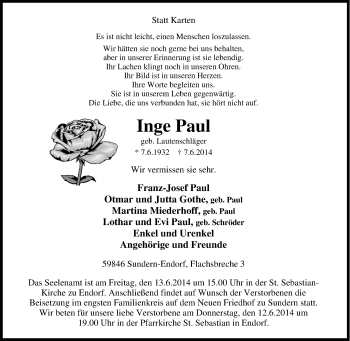 Traueranzeige von Inge Paul von Tageszeitung