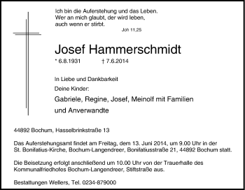 Traueranzeige von Josef Hammerschmidt von Tageszeitung