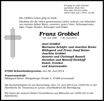 Traueranzeige von Franz Grobbel von Tageszeitung