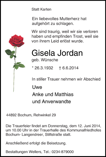 Traueranzeige von Gisela Jordan von Tageszeitung