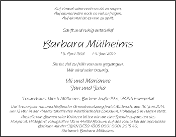 Traueranzeige von Barbara Mülheims von Tageszeitung