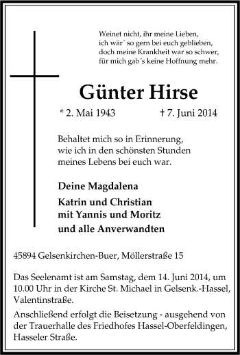 Traueranzeige von Günter Hirse von Tageszeitung