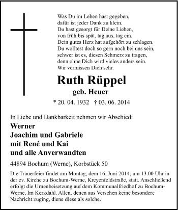 Traueranzeige von Ruth Rüppel von Tageszeitung