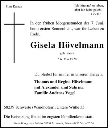 Traueranzeige von Gisela Hövelmann von Tageszeitung