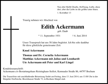 Traueranzeige von Edith Ackermann von Tageszeitung