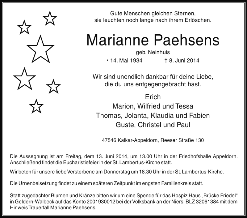  Traueranzeige für Marianne Paehsens vom 10.06.2014 aus Tageszeitung