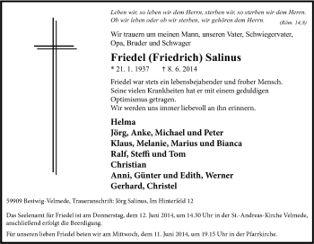 Traueranzeige von Friedel Salinus von Tageszeitung