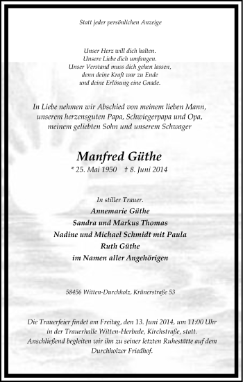 Traueranzeige von Manfred Güthe von Tageszeitung