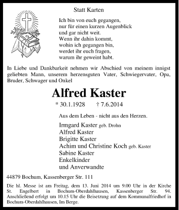 Traueranzeige von Alfred Kaster von Tageszeitung