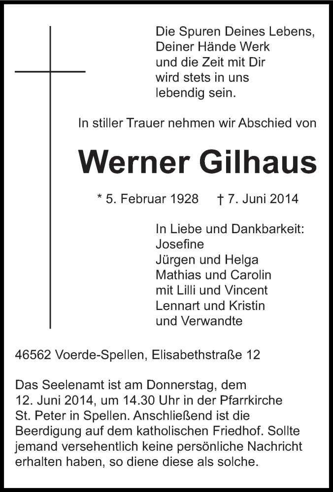  Traueranzeige für Werner Gilhaus vom 11.06.2014 aus Tageszeitung