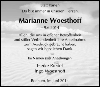 Traueranzeige von Marianne Woesthoff von Tageszeitung