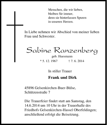 Traueranzeige von Sabine Ranzenberg von Tageszeitung
