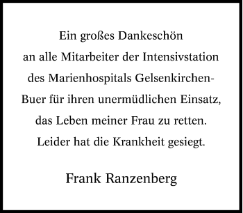 Traueranzeige von Sabine Ranzenberg von Tageszeitung