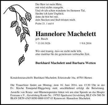 Traueranzeige von Hannelore Machelett von Tageszeitung