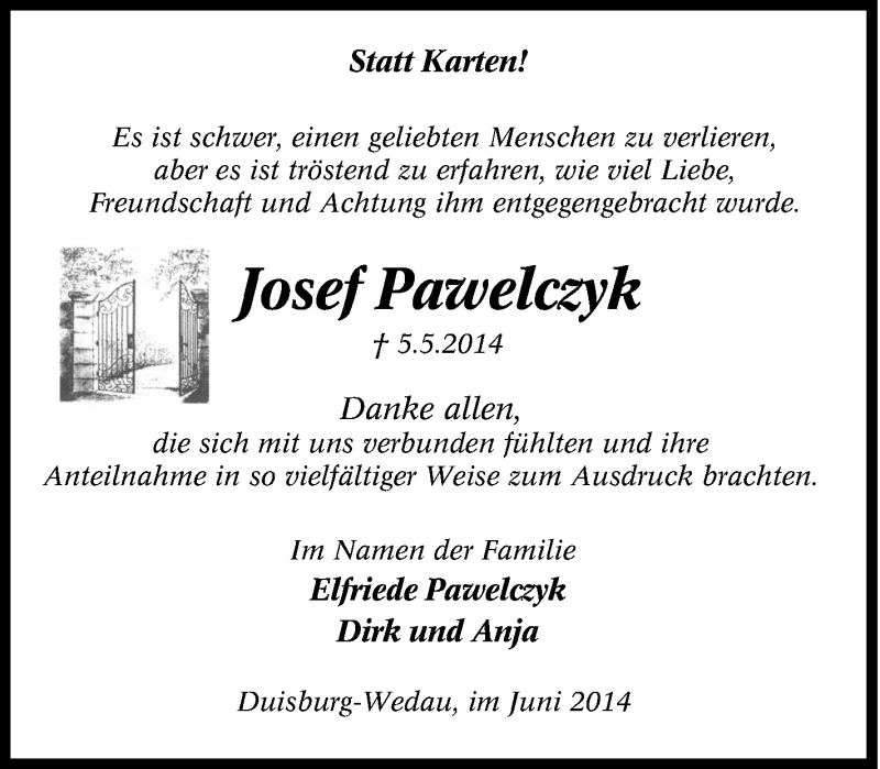  Traueranzeige für Josef Pawelczyk vom 14.06.2014 aus Tageszeitung