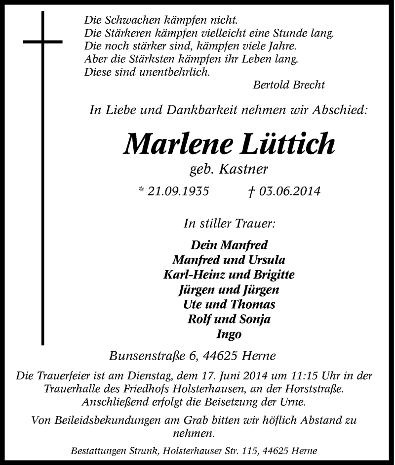 Traueranzeigen von Marlene Lüttich TrauerinNRW.de