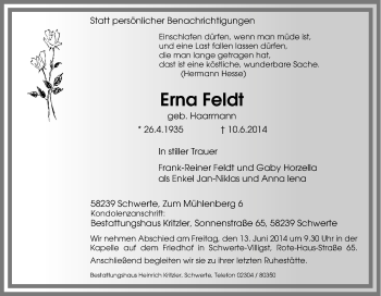 Traueranzeige von Erna Feldt von Tageszeitung