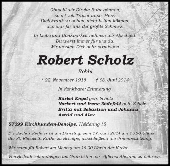 Traueranzeige von Robert Scholz von Tageszeitung