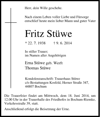 Traueranzeige von Fritz Stüwe von Tageszeitung
