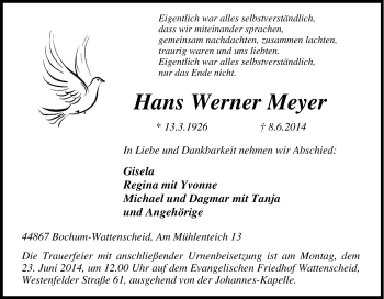 Traueranzeige von Hans Werner Meyer von Tageszeitung