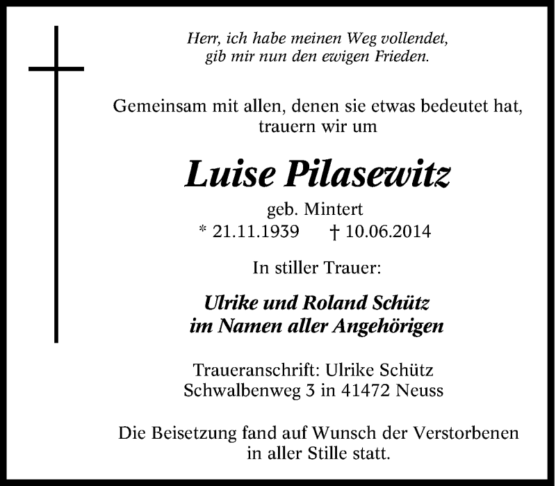  Traueranzeige für Luise Pilasewitz vom 14.06.2014 aus Tageszeitung