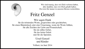 Traueranzeige von Fritz Genzel von Tageszeitung
