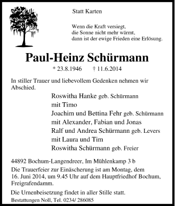 Traueranzeige von Paul-Heinz Schürmann von Tageszeitung