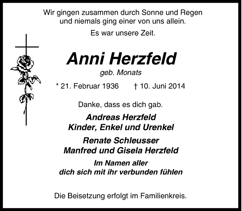  Traueranzeige für Anni Herzfeld vom 14.06.2014 aus Tageszeitung