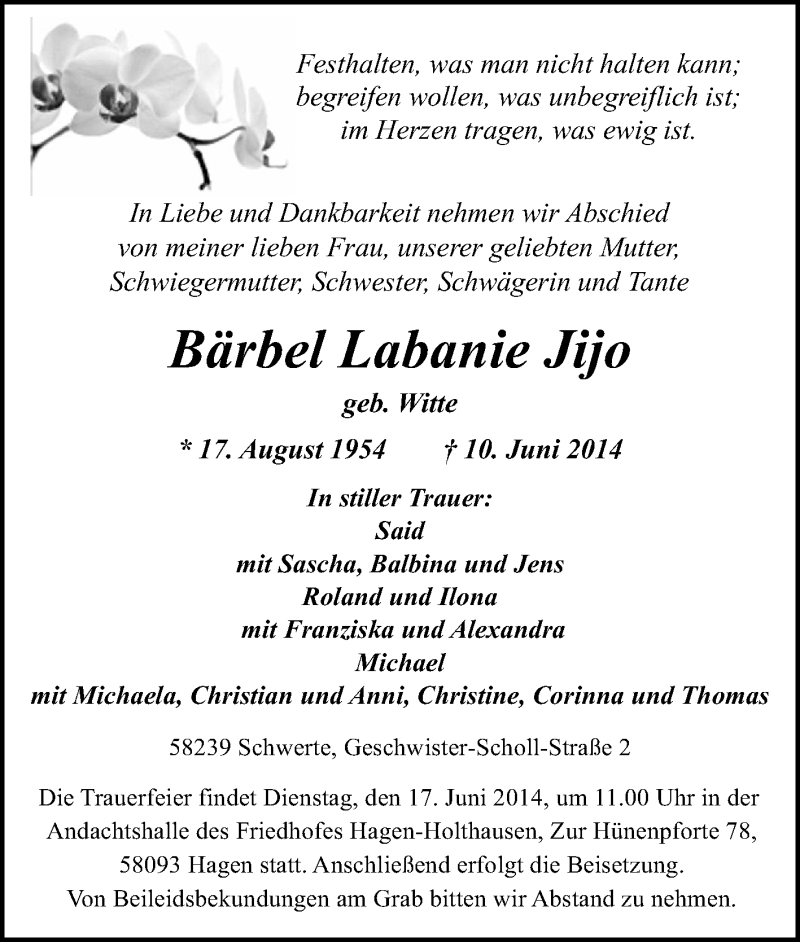  Traueranzeige für Bärbel Labanie Jijo vom 13.06.2014 aus Tageszeitung