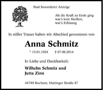 Traueranzeige von Anna Schmitz von Tageszeitung