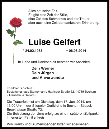 Traueranzeige von Luise Gelfert von Tageszeitung