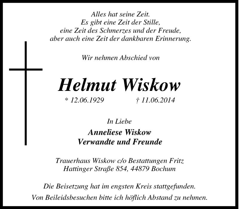  Traueranzeige für Helmut Wiskow vom 18.06.2014 aus Tageszeitung