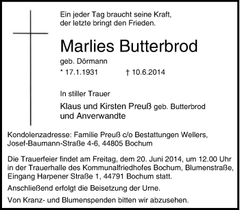 Traueranzeige von Marlies Butterbrod von Tageszeitung