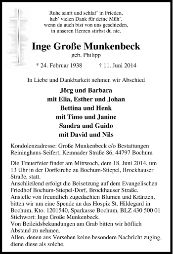 Traueranzeige von Inge Große Munkenbeck von Tageszeitung