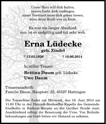 Traueranzeige von Erna Lüdecke von Tageszeitung