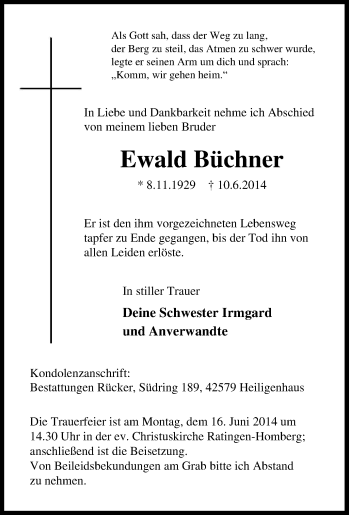 Traueranzeige von Ewald Büchner von Tageszeitung