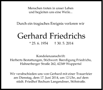 Traueranzeige von Gerhard Friedrichs von Tageszeitung