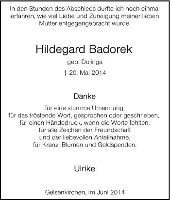 Traueranzeige von Hildegard Badorek von Tageszeitung