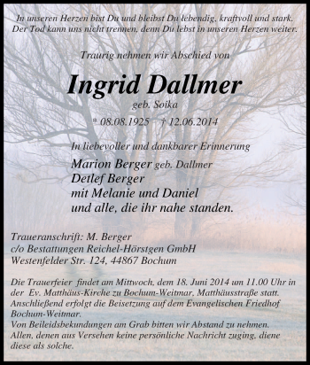 Traueranzeige von Ingrid Dallmer von Tageszeitung