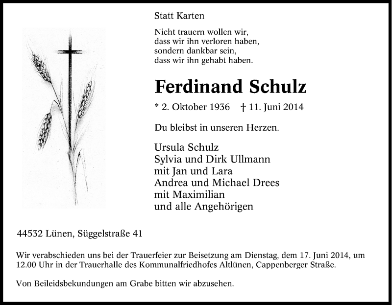  Traueranzeige für Ferdinand Schulz vom 14.06.2014 aus Tageszeitung