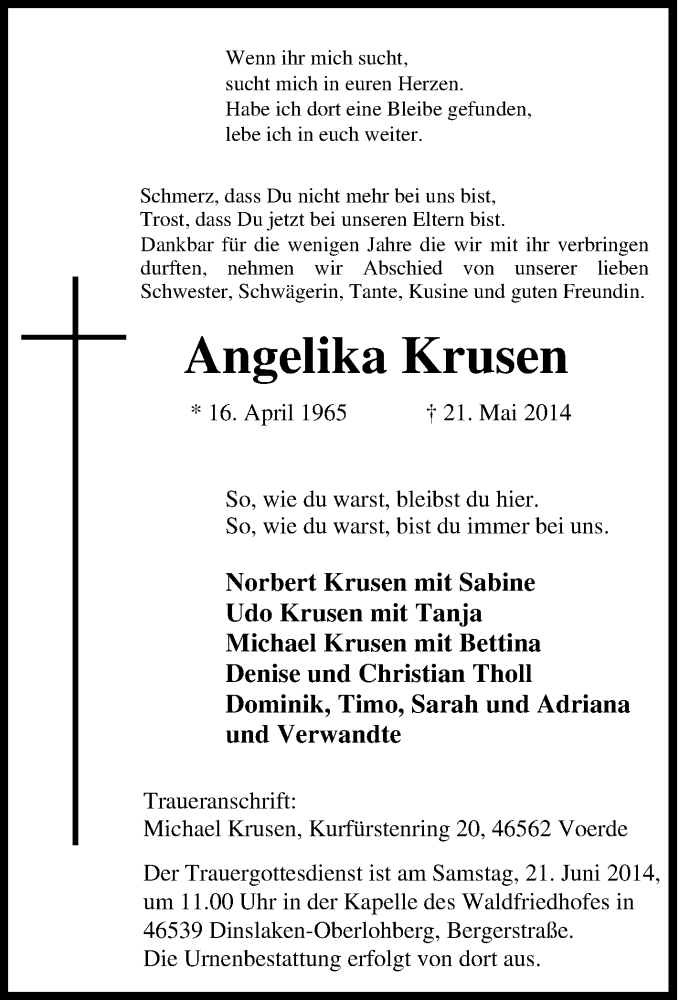  Traueranzeige für Angelika Krusen vom 14.06.2014 aus Tageszeitung