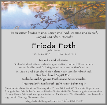Traueranzeige von Frieda Foth von Tageszeitung