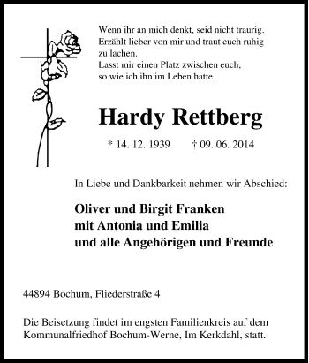 Traueranzeige von Hardy Rettberg von Tageszeitung