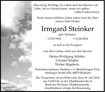 Traueranzeige von Irmgard Steinker von Tageszeitung