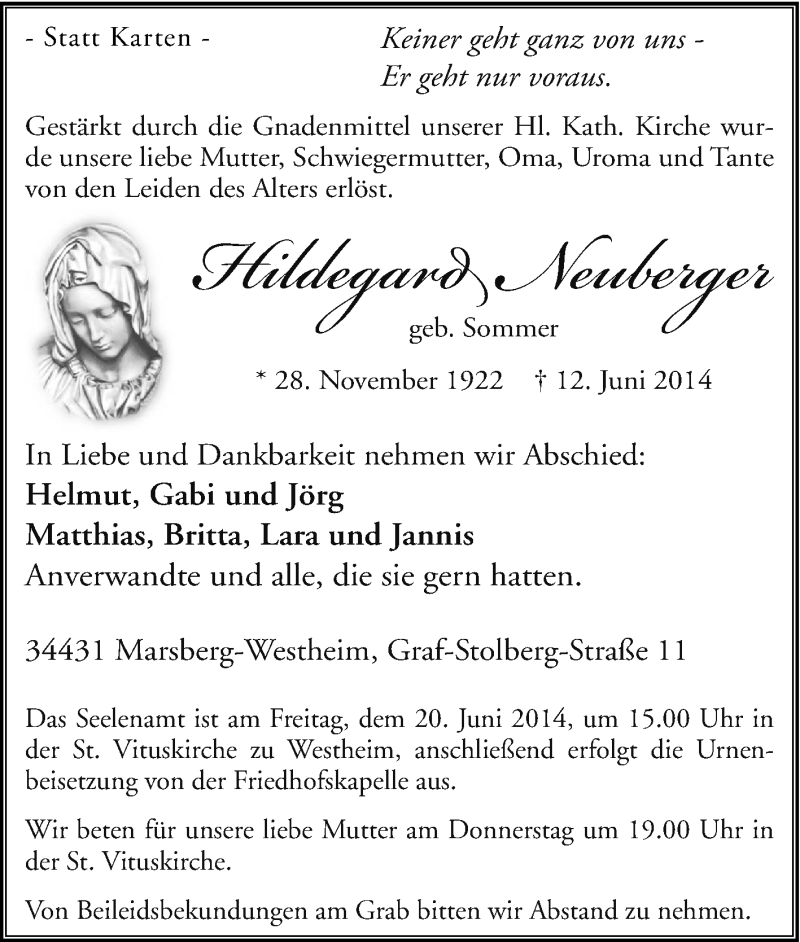  Traueranzeige für Hildegard Neuberger vom 14.06.2014 aus Tageszeitung