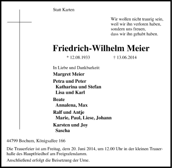 Traueranzeige von Friedrich-Wilhelm  Meier von Tageszeitung